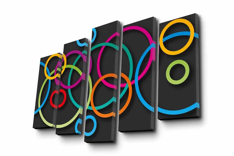 Suuri 5-osainen canvas-taulu 105x70 cm - Abstrakti sommitelma värikkäillä ympyröillä, Vaaleanpunainen / Oranssi / Vihreä
