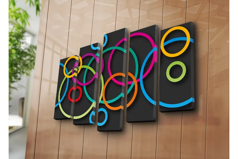 Suuri 5-osainen canvas-taulu 105x70 cm - Abstrakti sommitelma värikkäillä ympyröillä - Vaaleanpunainen / Oranssi / Vihreä - Sisustustuotteet - Taulu & taide - Canvas-taulu