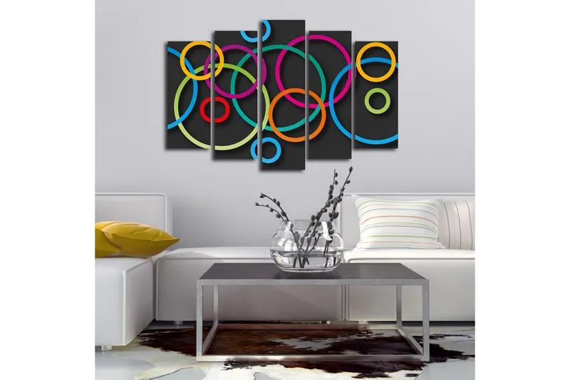 Suuri 5-osainen canvas-taulu 105x70 cm - Abstrakti sommitelma värikkäillä ympyröillä - Vaaleanpunainen / Oranssi / Vihreä - Sisustustuotteet - Taulu & taide - Canvas-taulu