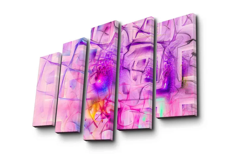 Suuri 5-osainen canvas-taulu 105x70 cm - Abstrakti sommitelma vaaleanpunaisilla ja violeteilla muodoilla, Vaaleanpunainen / violetti