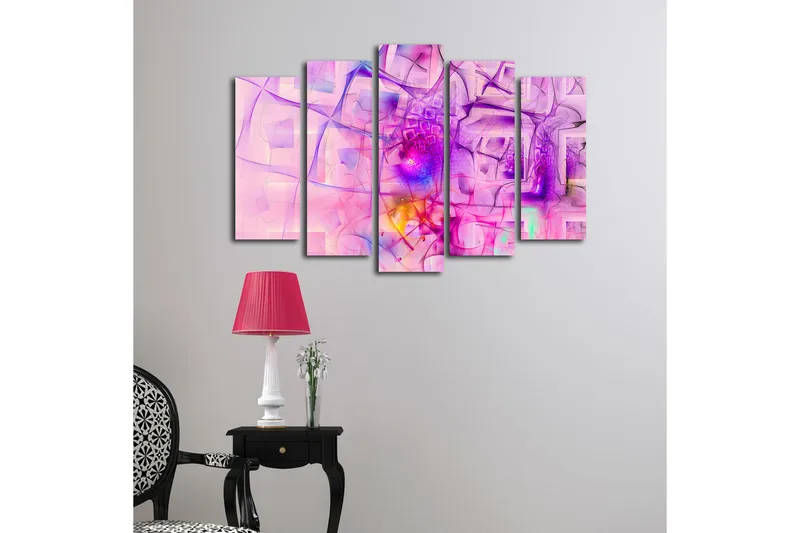 Suuri 5-osainen canvas-taulu 105x70 cm - Abstrakti sommitelma vaaleanpunaisilla ja violeteilla muodoilla - Vaaleanpunainen / violetti - Sisustustuotteet - Taulu & taide - Canvas-taulu
