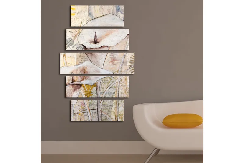 Suuri 5-osainen canvas-taulu 105x70 cm - Abstrakti sommitelma valkoisilla kukilla ja orgaanisilla muodoilla - Valkoinen / Beige / Harmaa - Sisustustuotteet - Taulu & taide - Canvas-taulu