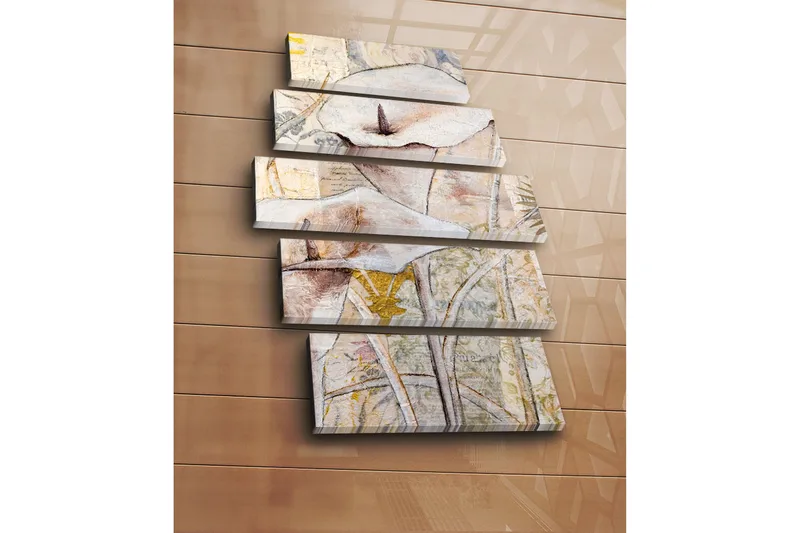 Suuri 5-osainen canvas-taulu 105x70 cm - Abstrakti sommitelma valkoisilla kukilla ja orgaanisilla muodoilla - Valkoinen / Beige / Harmaa - Sisustustuotteet - Taulu & taide - Canvas-taulu