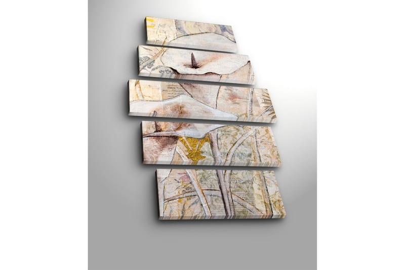 Suuri 5-osainen canvas-taulu 105x70 cm - Abstrakti sommitelma valkoisilla kukilla ja orgaanisilla muodoilla - Valkoinen / Beige / Harmaa - Sisustustuotteet - Taulu & taide - Canvas-taulu