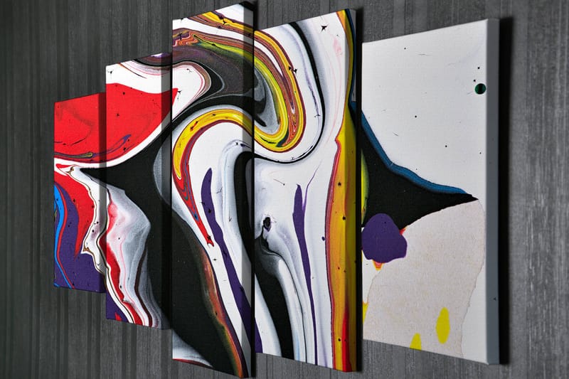 Suuri 5-osainen canvas-taulu 105x70 cm - Abstrakti sommitelma virtaavilla väreillä - Punainen / Musta / Valkoinen - Sisustustuotteet - Taulu & taide - Canvas-taulu