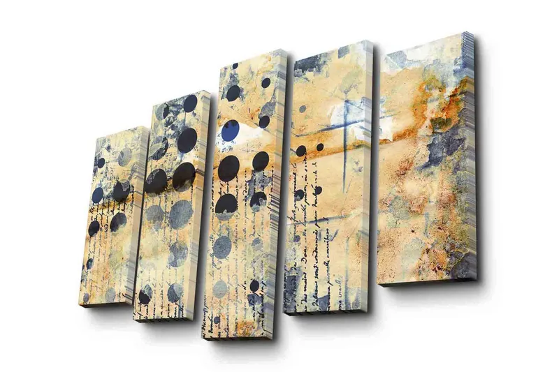 Suuri 5-osainen canvas-taulu 105x70 cm - Abstrakti sommitelma ympyröillä ja tekstuureilla, Beige / Musta / Sininen