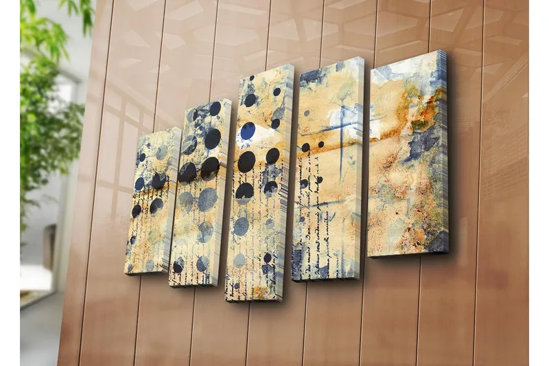 Suuri 5-osainen canvas-taulu 105x70 cm - Abstrakti sommitelma ympyröillä ja tekstuureilla - Beige / Musta / Sininen - Sisustustuotteet - Taulu & taide - Canvas-taulu