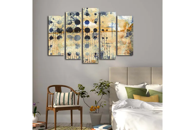 Suuri 5-osainen canvas-taulu 105x70 cm - Abstrakti sommitelma ympyröillä ja tekstuureilla - Beige / Musta / Sininen - Sisustustuotteet - Taulu & taide - Canvas-taulu