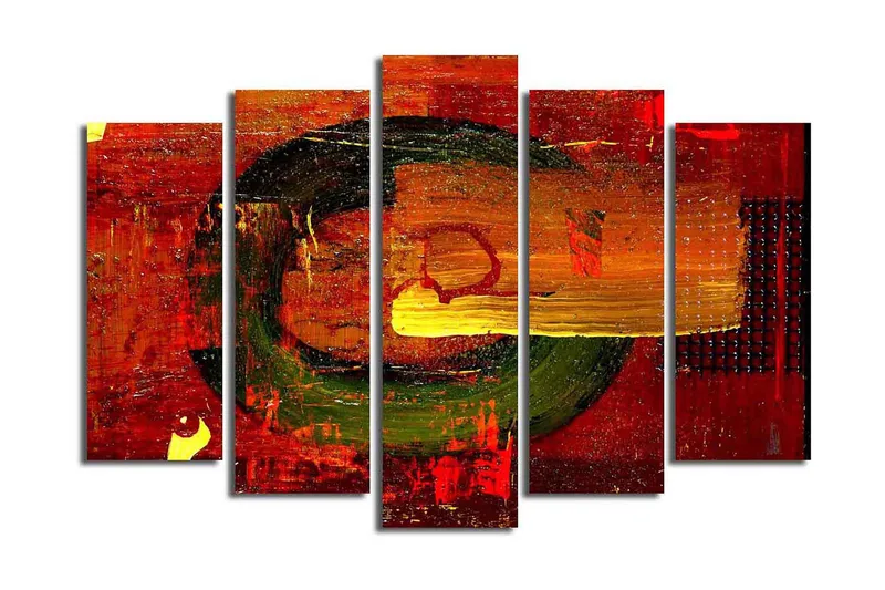 Suuri 5-osainen canvas-taulu 105x70 cm - Abstrakti sommitelma pyöreillä muodoilla ja vahvoilla väreillä - Punainen / Vihreä / Oranssi - Sisustustuotteet - Taulu & taide - Canvas-taulu