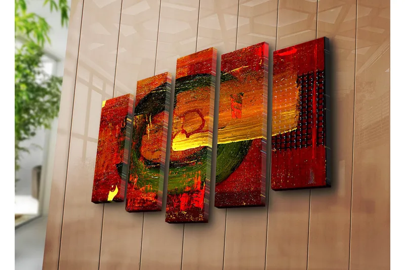 Suuri 5-osainen canvas-taulu 105x70 cm - Abstrakti sommitelma pyöreillä muodoilla ja vahvoilla väreillä - Punainen / Vihreä / Oranssi - Sisustustuotteet - Taulu & taide - Canvas-taulu