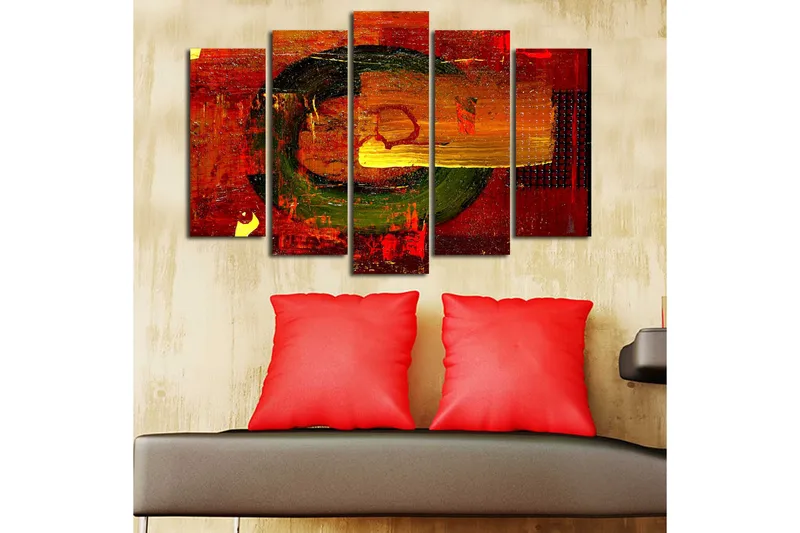 Suuri 5-osainen canvas-taulu 105x70 cm - Abstrakti sommitelma pyöreillä muodoilla ja vahvoilla väreillä - Punainen / Vihreä / Oranssi - Sisustustuotteet - Taulu & taide - Canvas-taulu