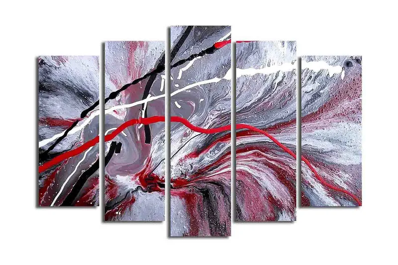 Suuri 5-osainen canvas-taulu 105x70 cm - Abstrakti sommitelma punaisilla ja mustilla viivoilla harmaata taustaa vasten, Punainen / Musta / Harmaa