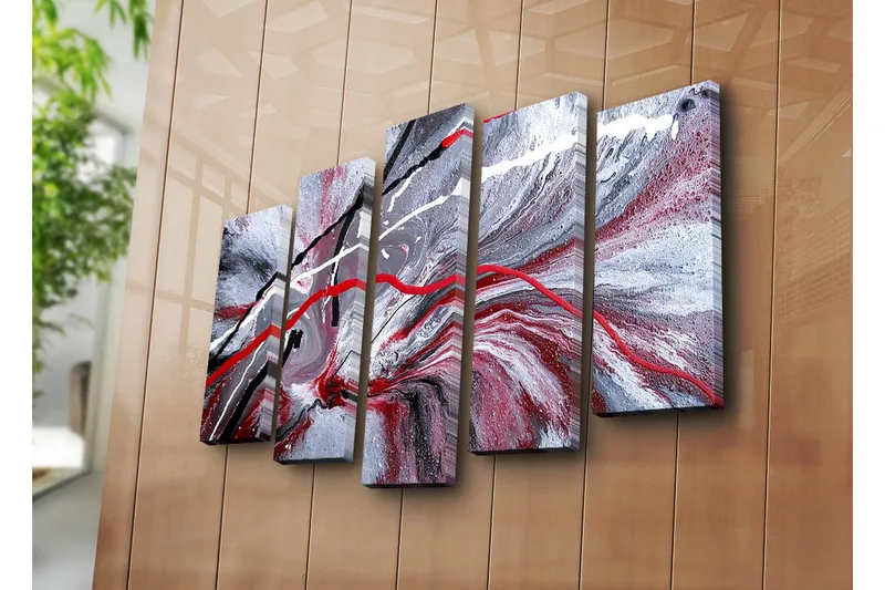 Suuri 5-osainen canvas-taulu 105x70 cm - Abstrakti sommitelma punaisilla ja mustilla viivoilla harmaata taustaa vasten - Punainen / Musta / Harmaa - Sisustustuotteet - Taulu & taide - Canvas-taulu