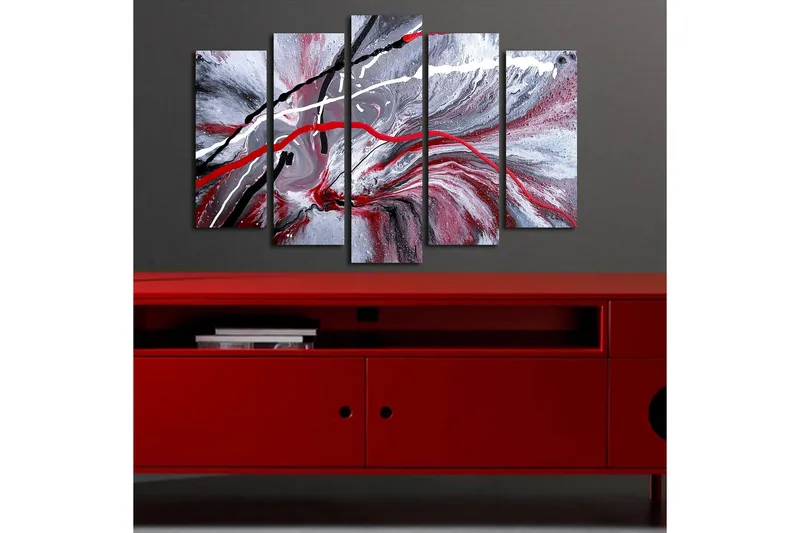 Suuri 5-osainen canvas-taulu 105x70 cm - Abstrakti sommitelma punaisilla ja mustilla viivoilla harmaata taustaa vasten - Punainen / Musta / Harmaa - Sisustustuotteet - Taulu & taide - Canvas-taulu