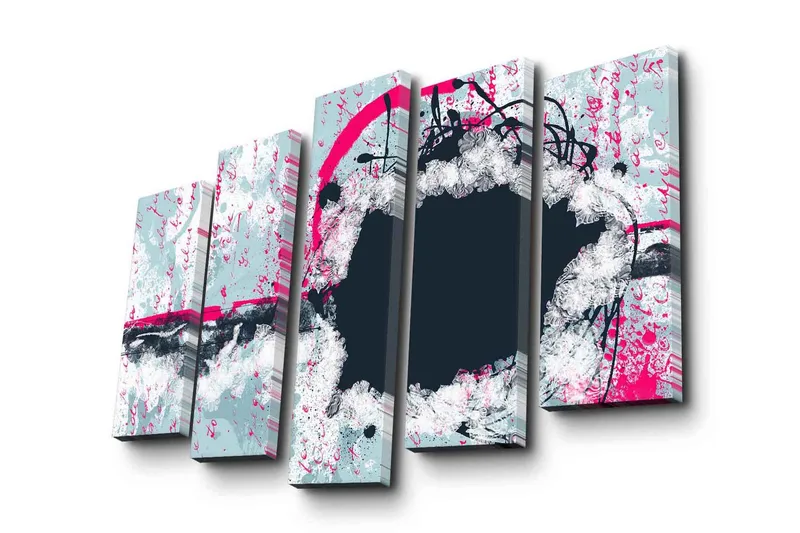 Suuri 5-osainen canvas-taulu 105x70 cm - Abstrakti sommitelma pyöreillä muodoilla ja kontrastiväreillä, Tummansininen / Vaaleanharmaa / Vaaleanpunainen