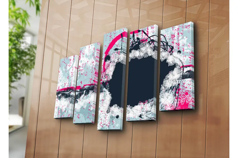 Suuri 5-osainen canvas-taulu 105x70 cm - Abstrakti sommitelma pyöreillä muodoilla ja kontrastiväreillä - Tummansininen / Vaaleanharmaa / Vaaleanpunainen - Sisustustuotteet - Taulu & taide - Canvas-taulu