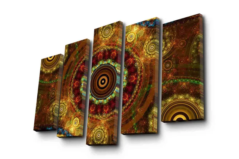 Suuri 5-osainen canvas-taulu 105x70 cm - Abstrakti sommitelma pyöreillä kuvioilla, Kulta / Ruskea / Punaruskea