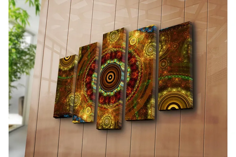 Suuri 5-osainen canvas-taulu 105x70 cm - Abstrakti sommitelma pyöreillä kuvioilla - Kulta / Ruskea / Punaruskea - Sisustustuotteet - Taulu & taide - Canvas-taulu