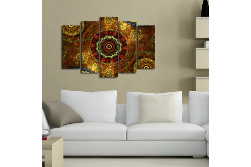 Suuri 5-osainen canvas-taulu 105x70 cm - Abstrakti sommitelma pyöreillä kuvioilla - Kulta / Ruskea / Punaruskea - Sisustustuotteet - Taulu & taide - Canvas-taulu