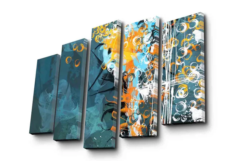Suuri 5-osainen canvas-taulu 105x70 cm - Abstrakti sommitelma pyöreillä muodoilla ja dynaamisilla väreillä, Tummansininen / Oranssi / Valkoinen