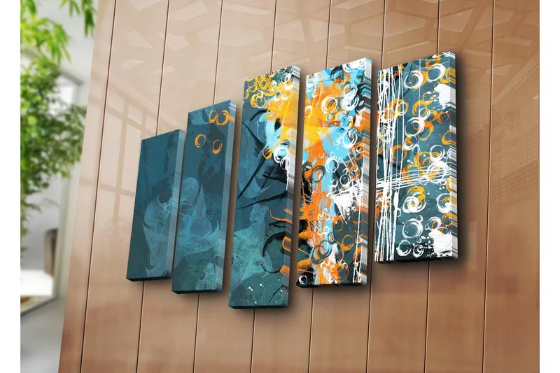 Suuri 5-osainen canvas-taulu 105x70 cm - Abstrakti sommitelma pyöreillä muodoilla ja dynaamisilla väreillä - Tummansininen / Oranssi / Valkoinen - Sisustustuotteet - Taulu & taide - Canvas-taulu