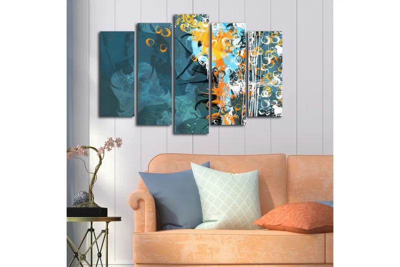 Suuri 5-osainen canvas-taulu 105x70 cm - Abstrakti sommitelma pyöreillä muodoilla ja dynaamisilla väreillä - Tummansininen / Oranssi / Valkoinen - Sisustustuotteet - Taulu & taide - Canvas-taulu