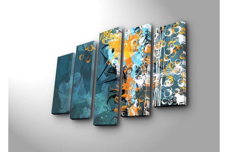 Suuri 5-osainen canvas-taulu 105x70 cm - Abstrakti sommitelma pyöreillä muodoilla ja dynaamisilla väreillä - Tummansininen / Oranssi / Valkoinen - Sisustustuotteet - Taulu & taide - Canvas-taulu