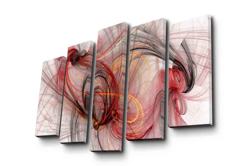 Suuri 5-osainen canvas-taulu 105x70 cm - Abstrakti sommitelma punaisin ja mustin virtaavin viivoin, Punainen / Musta / Kulta