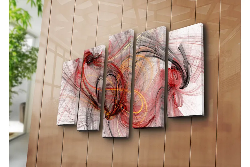 Suuri 5-osainen canvas-taulu 105x70 cm - Abstrakti sommitelma punaisin ja mustin virtaavin viivoin - Punainen / Musta / Kulta - Sisustustuotteet - Taulu & taide - Canvas-taulu