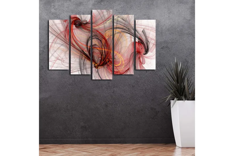 Suuri 5-osainen canvas-taulu 105x70 cm - Abstrakti sommitelma punaisin ja mustin virtaavin viivoin - Punainen / Musta / Kulta - Sisustustuotteet - Taulu & taide - Canvas-taulu