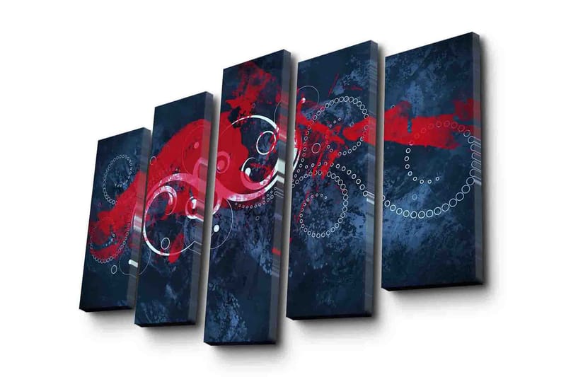 Suuri 5-osainen canvas-taulu 105x70 cm - Abstrakti sommitelma punaisilla ja valkoisilla keinuilla tummalla taustalla, Tummansininen / Punainen / Valkoinen
