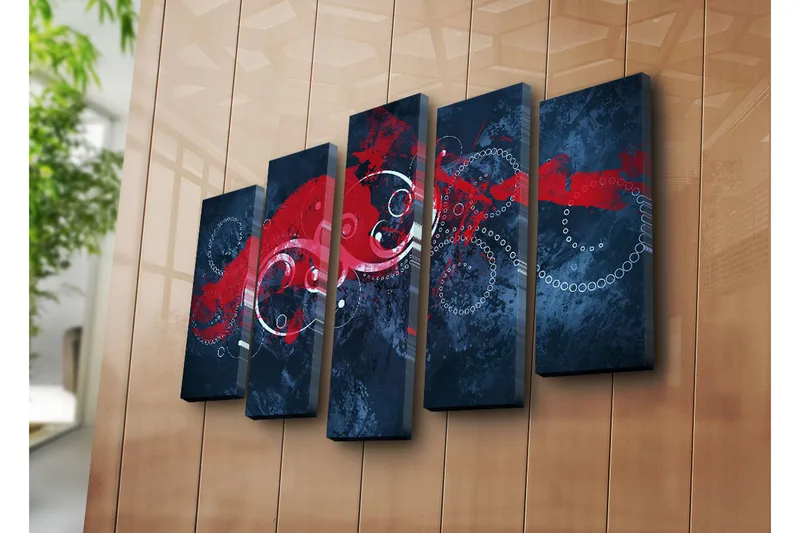 Suuri 5-osainen canvas-taulu 105x70 cm - Abstrakti sommitelma punaisilla ja valkoisilla keinuilla tummalla taustalla - Tummansininen / Punainen / Valkoinen - Sisustustuotteet - Taulu & taide - Canvas-taulu