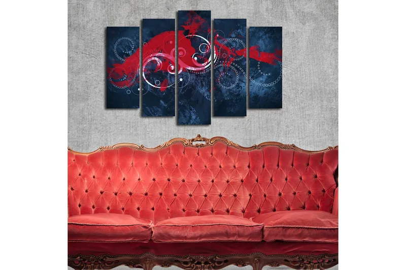Suuri 5-osainen canvas-taulu 105x70 cm - Abstrakti sommitelma punaisilla ja valkoisilla keinuilla tummalla taustalla - Tummansininen / Punainen / Valkoinen - Sisustustuotteet - Taulu & taide - Canvas-taulu