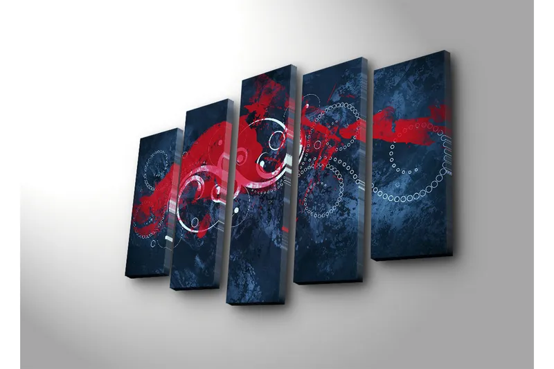 Suuri 5-osainen canvas-taulu 105x70 cm - Abstrakti sommitelma punaisilla ja valkoisilla keinuilla tummalla taustalla - Tummansininen / Punainen / Valkoinen - Sisustustuotteet - Taulu & taide - Canvas-taulu