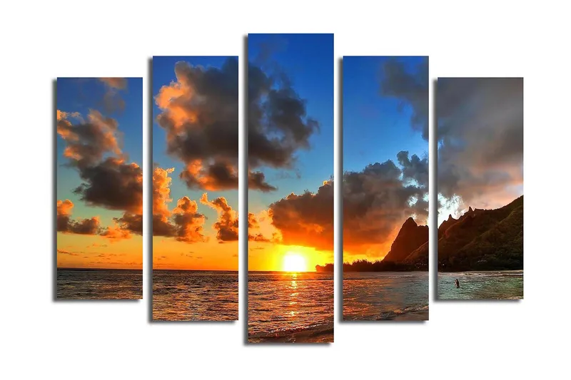 Suuri 5-osainen canvas-taulu 105x70 cm - Auringonlasku meren yllä dramaattisten pilvimuodostelmien kera - Oranssi / Sininen / Harmaa - Sisustustuotteet - Taulu & taide - Canvas-taulu