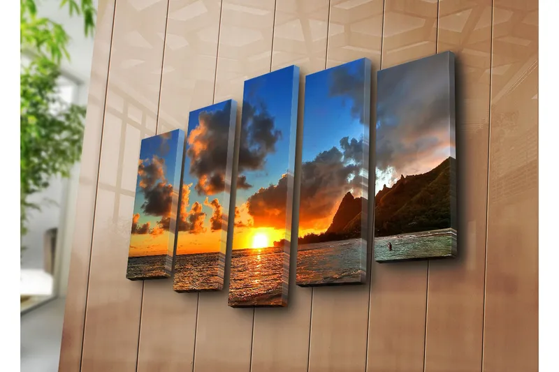 Suuri 5-osainen canvas-taulu 105x70 cm - Auringonlasku meren yllä dramaattisten pilvimuodostelmien kera - Oranssi / Sininen / Harmaa - Sisustustuotteet - Taulu & taide - Canvas-taulu
