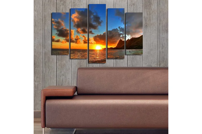 Suuri 5-osainen canvas-taulu 105x70 cm - Auringonlasku meren yllä dramaattisten pilvimuodostelmien kera - Oranssi / Sininen / Harmaa - Sisustustuotteet - Taulu & taide - Canvas-taulu