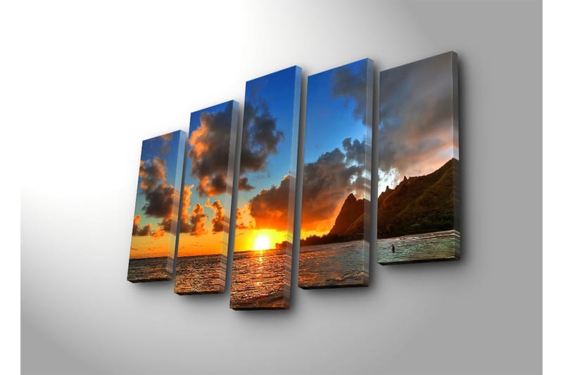 Suuri 5-osainen canvas-taulu 105x70 cm - Auringonlasku meren yllä dramaattisten pilvimuodostelmien kera - Oranssi / Sininen / Harmaa - Sisustustuotteet - Taulu & taide - Canvas-taulu