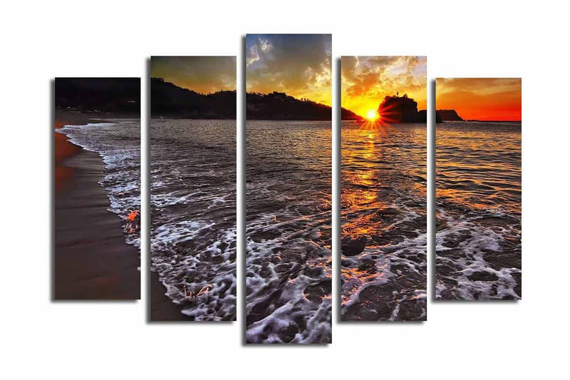 Suuri 5-osainen canvas-taulu 105x70 cm - Auringonlasku meren yllä heijastuksineen vedessä - Oranssi / Sininen / Harmaa - Sisustustuotteet - Taulu & taide - Canvas-taulu