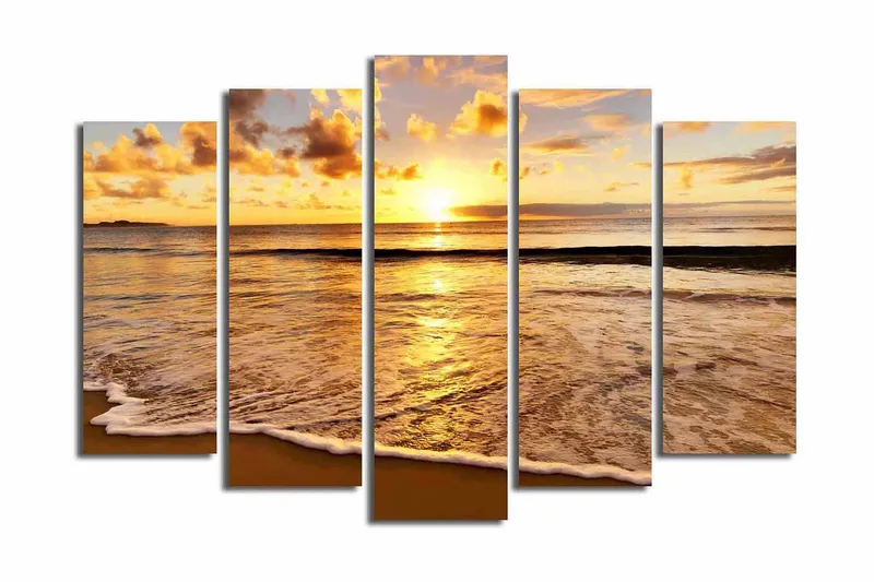 Suuri 5-osainen canvas-taulu 105x70 cm - Auringonlasku meren yllä ja heijastukset vedessä, Kulta / Oranssi / Sininen