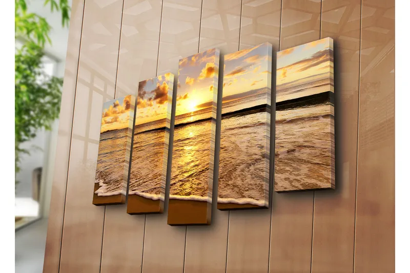 Suuri 5-osainen canvas-taulu 105x70 cm - Auringonlasku meren yllä ja heijastukset vedessä - Kulta / Oranssi / Sininen - Sisustustuotteet - Taulu & taide - Canvas-taulu
