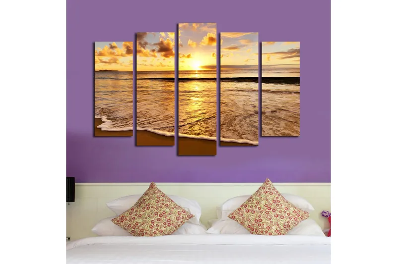 Suuri 5-osainen canvas-taulu 105x70 cm - Auringonlasku meren yllä ja heijastukset vedessä - Kulta / Oranssi / Sininen - Sisustustuotteet - Taulu & taide - Canvas-taulu