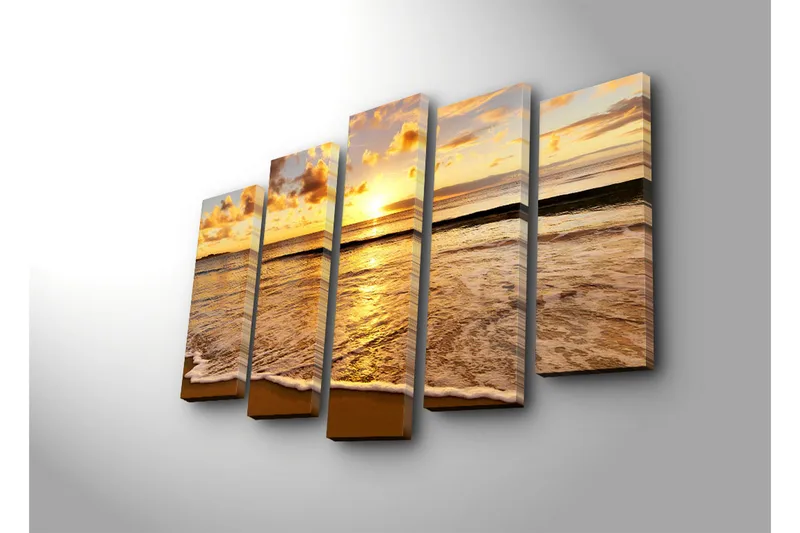 Suuri 5-osainen canvas-taulu 105x70 cm - Auringonlasku meren yllä ja heijastukset vedessä - Kulta / Oranssi / Sininen - Sisustustuotteet - Taulu & taide - Canvas-taulu