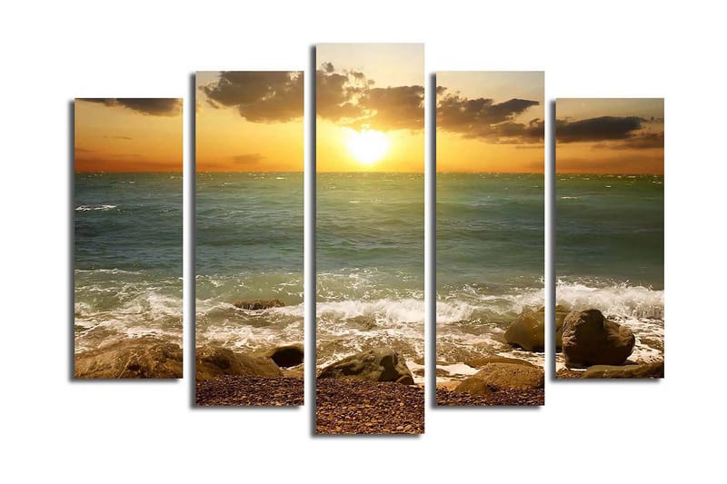 Suuri 5-osainen canvas-taulu 105x70 cm - Auringonlasku meren yllä kallioiden etualalla - Sininen / Oranssi / Vihreä - Sisustustuotteet - Taulu & taide - Canvas-taulu