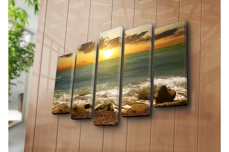 Suuri 5-osainen canvas-taulu 105x70 cm - Auringonlasku meren yllä kallioiden etualalla - Sininen / Oranssi / Vihreä - Sisustustuotteet - Taulu & taide - Canvas-taulu