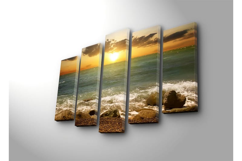 Suuri 5-osainen canvas-taulu 105x70 cm - Auringonlasku meren yllä kallioiden etualalla - Sininen / Oranssi / Vihreä - Sisustustuotteet - Taulu & taide - Canvas-taulu