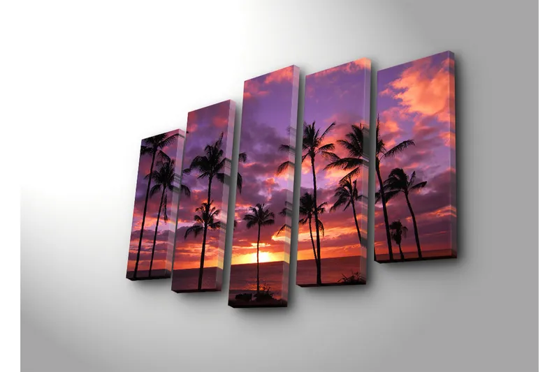 Suuri 5-osainen canvas-taulu 105x70 cm - Auringonlasku meren yllä palmujen siluettina - Violetti / Oranssi / Musta - Sisustustuotteet - Taulu & taide - Canvas-taulu