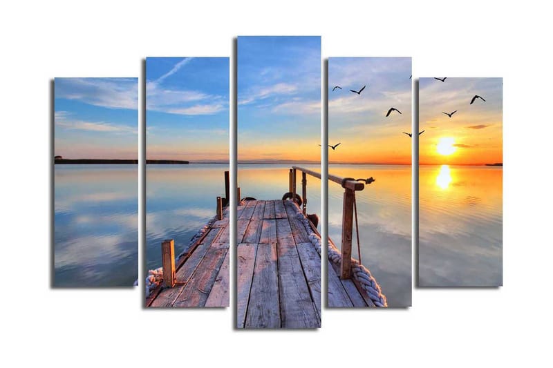 Suuri 5-osainen canvas-taulu 105x70 cm - Auringonlasku tyynen järven yllä laituri etualalla - Sininen / Oranssi / Keltainen - Sisustustuotteet - Taulu & taide - Canvas-taulu