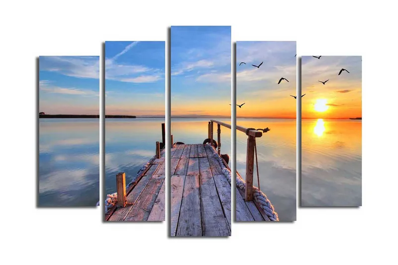 Suuri 5-osainen canvas-taulu 105x70 cm - Auringonlasku tyynen järven yllä laituri etualalla - Sininen / Oranssi / Keltainen - Sisustustuotteet - Taulu & taide - Canvas-taulu