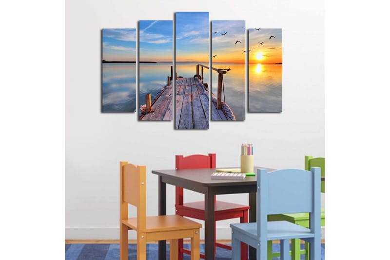 Suuri 5-osainen canvas-taulu 105x70 cm - Auringonlasku tyynen järven yllä laituri etualalla - Sininen / Oranssi / Keltainen - Sisustustuotteet - Taulu & taide - Canvas-taulu